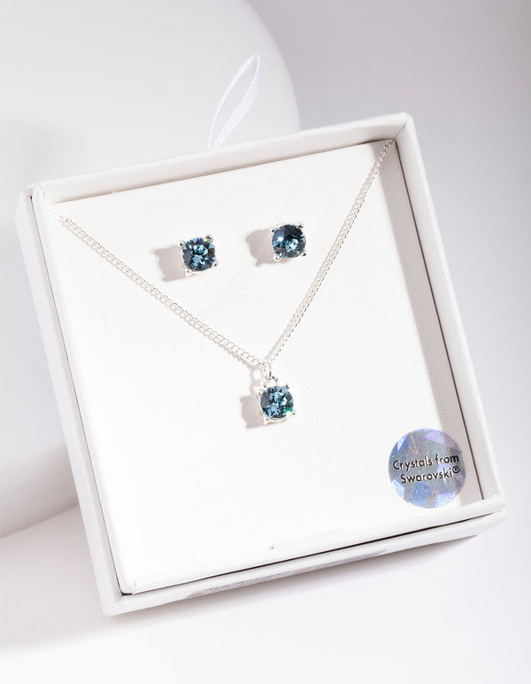 Silver Diamond Simulant Aqua Necklace & Earring Set