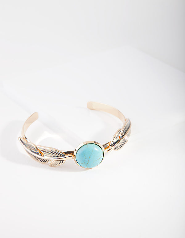 Gold Turquoise Faux Feather Cuff Bracelet