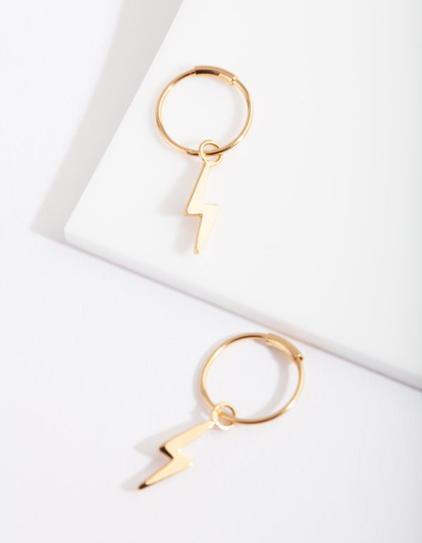 Gold Plated Sterling Silver Lightening Bolt Charm Hoop Earrings