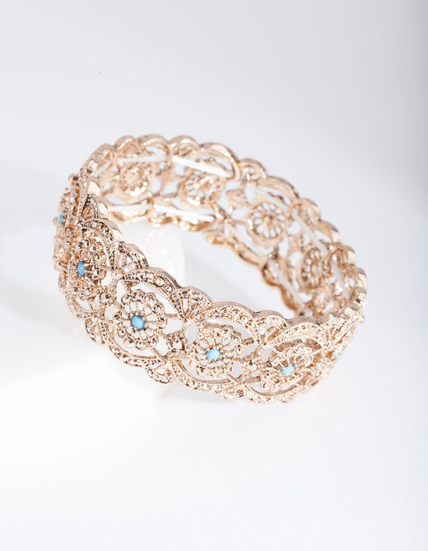 Antique Gold Teal Filigree Stretch Bracelet