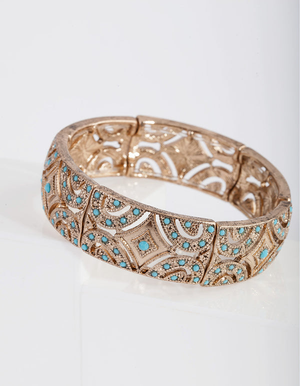 Antique Gold Teal Diamante Stretch Bracelet