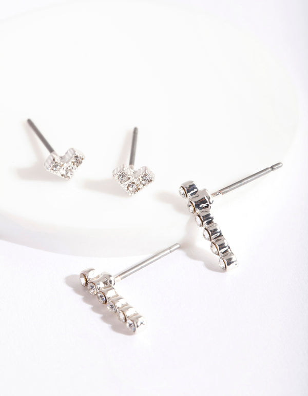 Silver Geometric Heart Stick Stud Pack