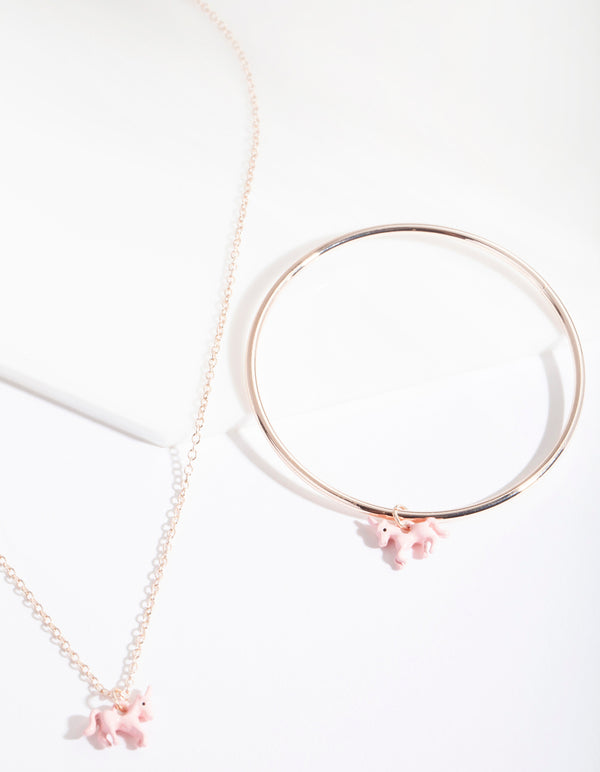 Kids Rose Gold Pink Unicorn Charm Necklace & Bangle Set