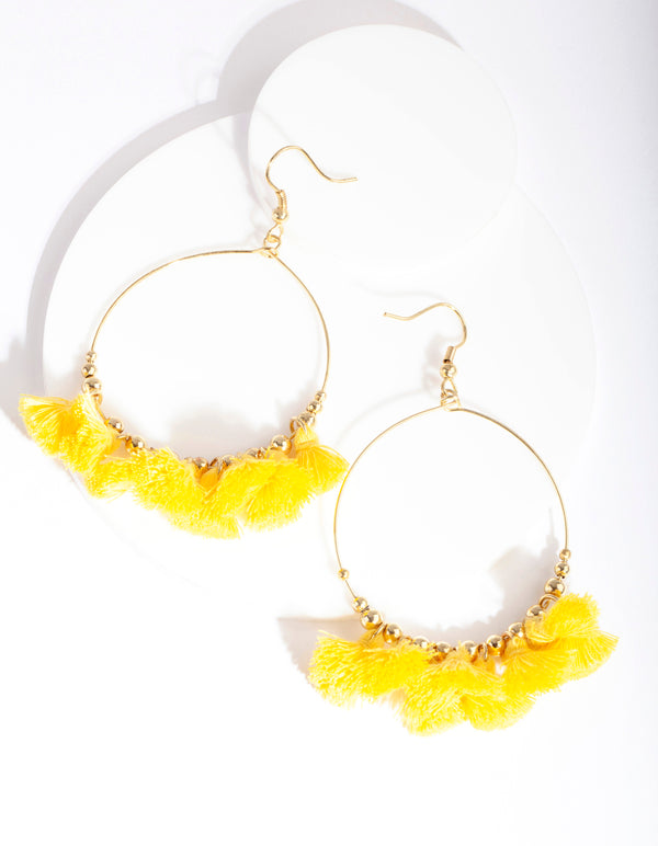 Gold Yellow Mini Tassel Hoop Earrings