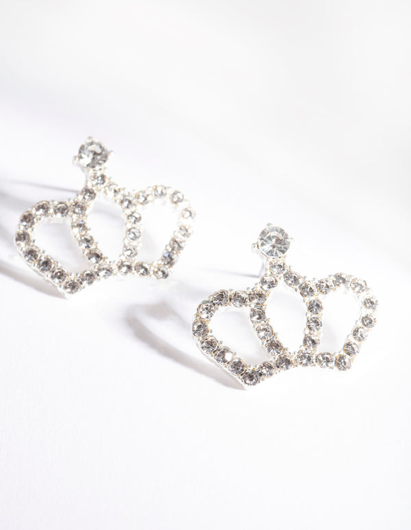 Silver Diamante Crown Stud Earrings