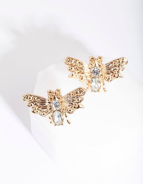 Gold Large Diamante Bug Stud Earrings