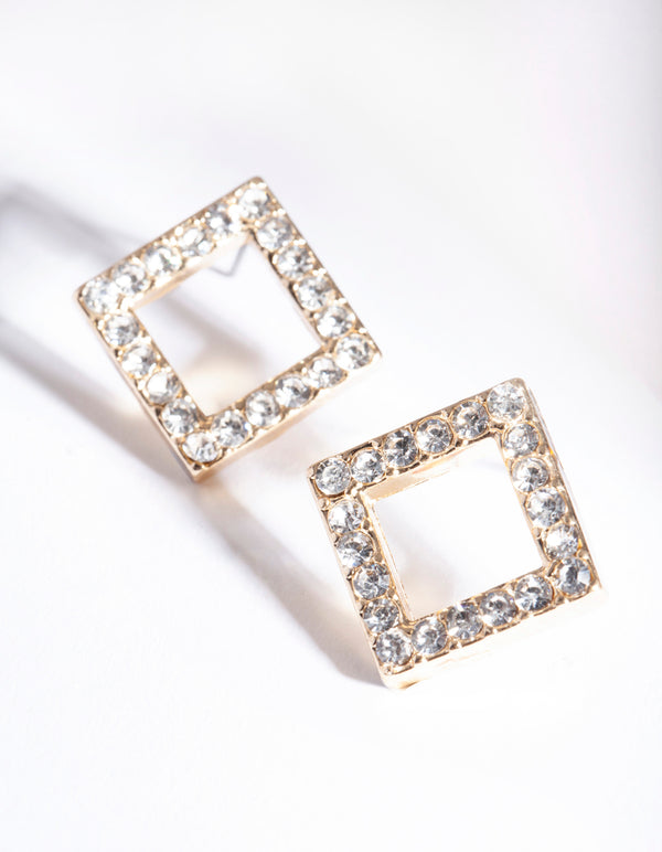 Gold Diamante Square Stud Earrings