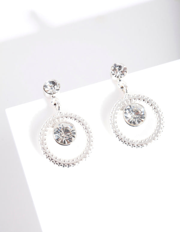 Silver Stipple Diamante Circle Earrings