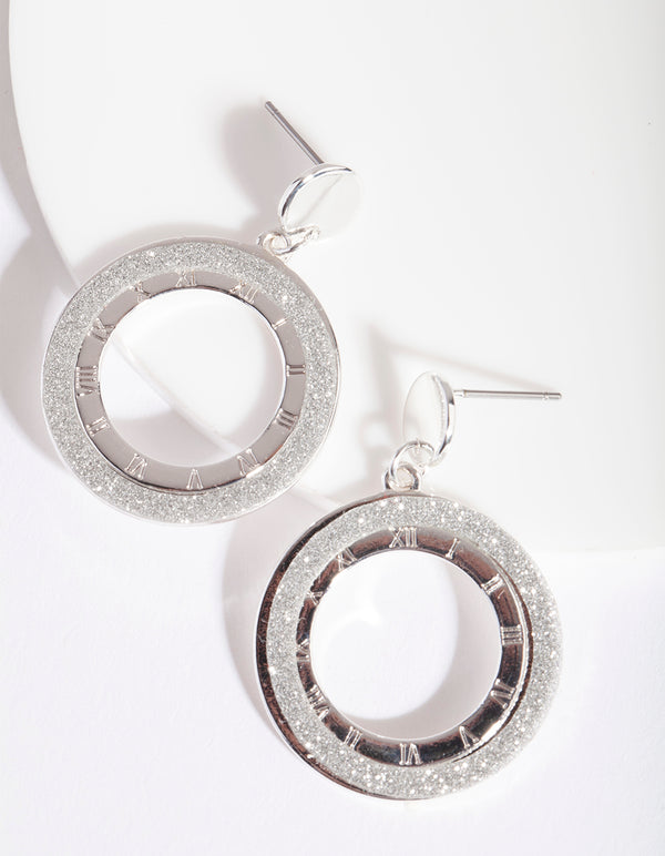 Silver Circle Glitter Drop Earrings