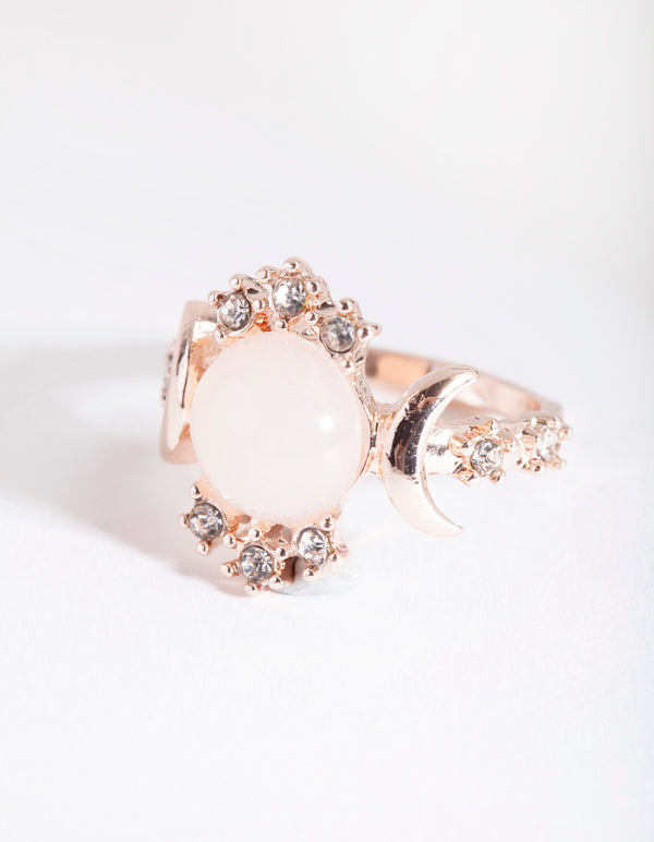 Rose Gold Vanilla Synthetic Opal Moon Diamante Ring