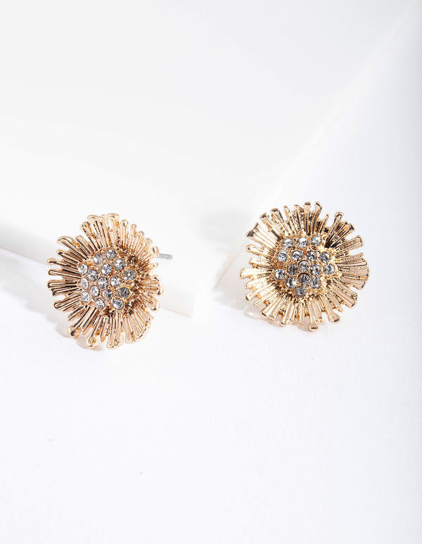 Gold Double Flower Diamante Earrings