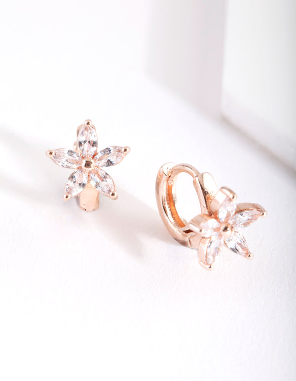 Rose Gold Crystal Flower Huggie Earrings