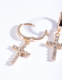 Gold Diamante Cross Huggie Earrings - link has visual effect only