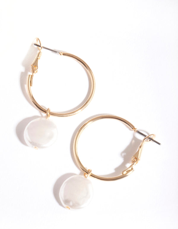 Gold Pearl Charm Hoop Earrings