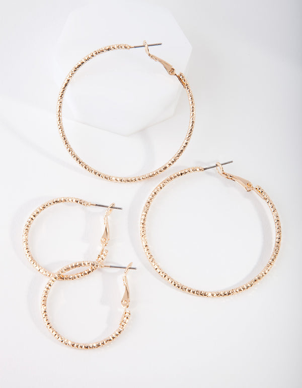 Gold Triple Diamond Cut Hoop Earring Pack