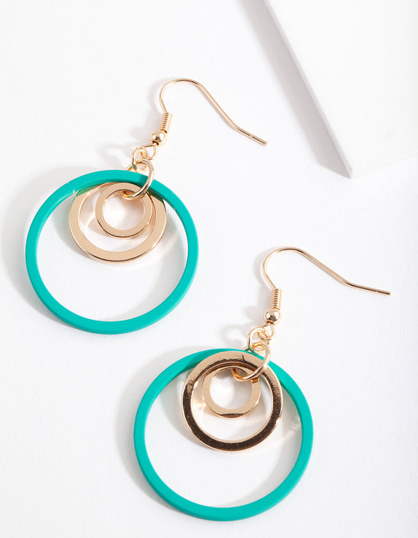 Gold Green Double Loop Earrings