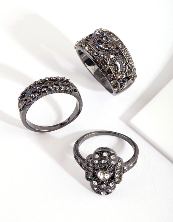 Gunmetal Diamante Vintage Ring Pack