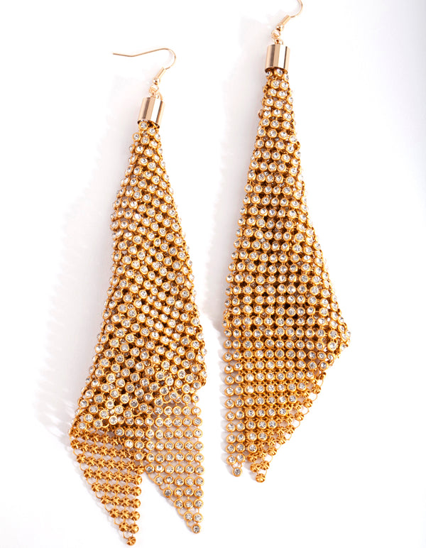 Gold Extra Large Diamante Mesh Drop Earrings