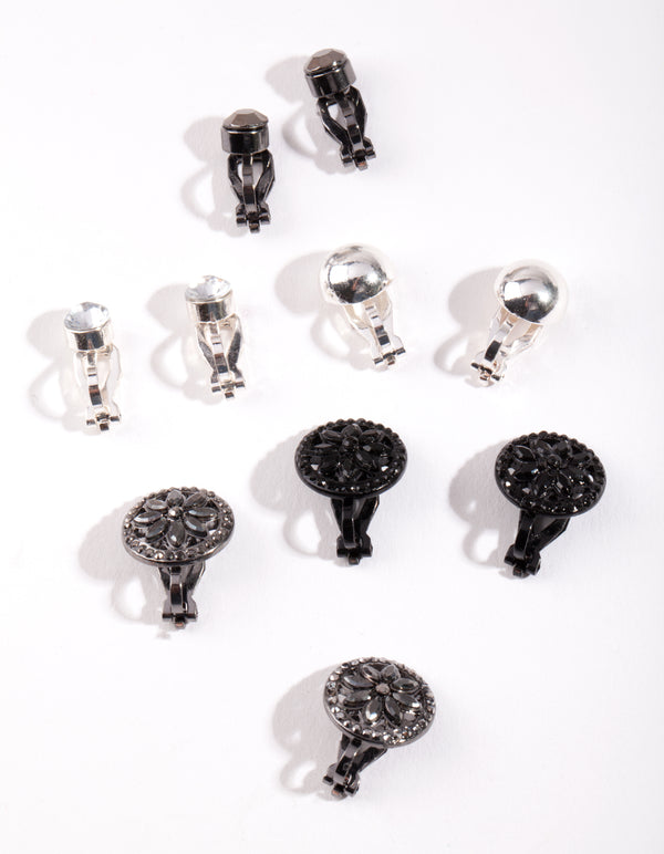 Mixed Metal Decorative Diamante Clip On Earring 5-Pack