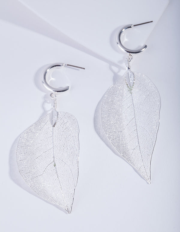 Silver Leaf Hoop Earrings