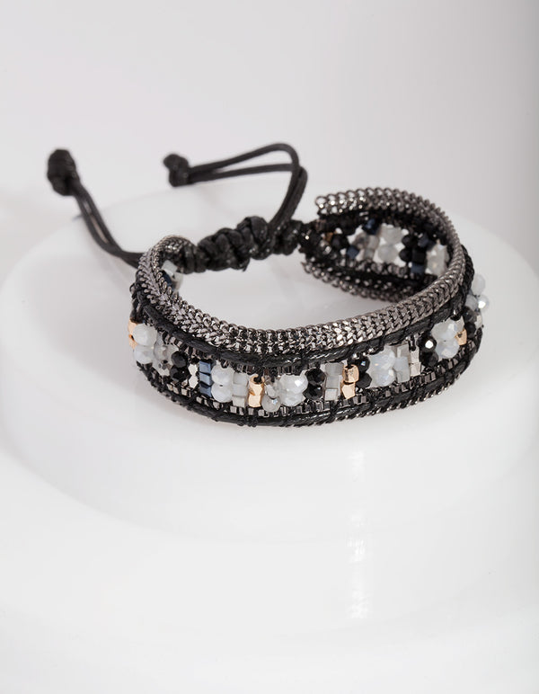 Gunmetal Beaded Pleather Toggle Bracelet