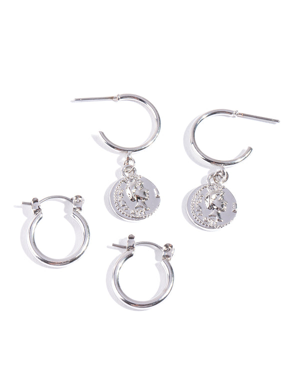 Silver Coin Charm Hoop Earring Pack