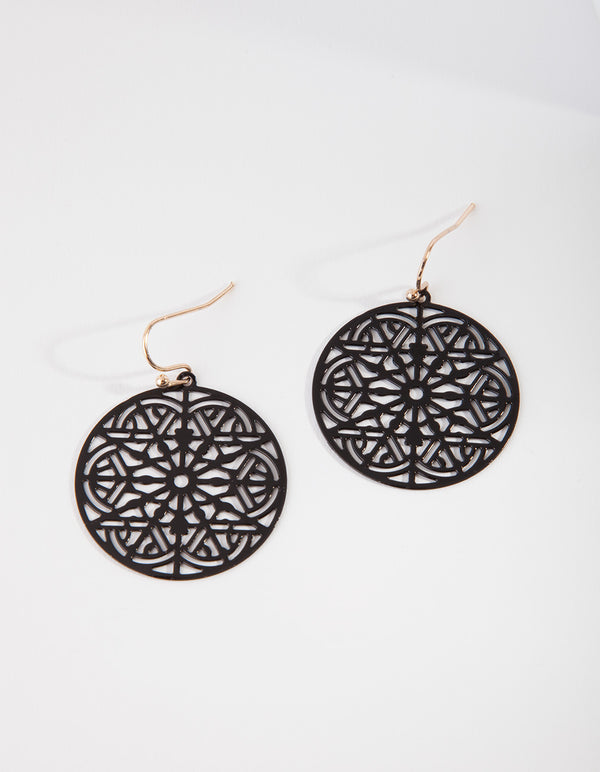 Gold Black Filigree Drop Earrings