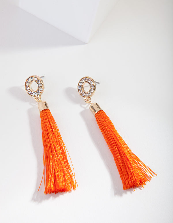 Shiny Gold Diamante Circle Tassel Drop Earrings