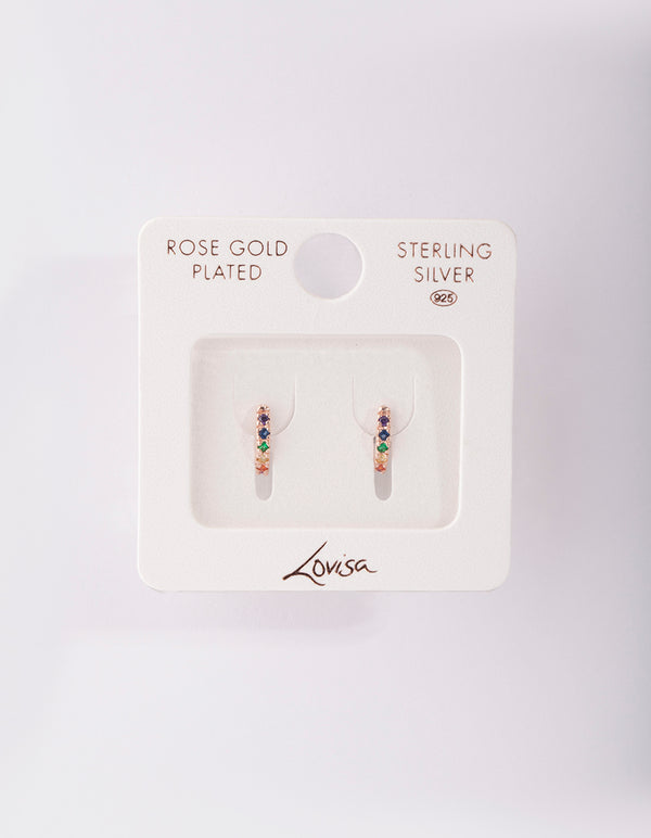 Rose Gold Plated Sterling Silver Rainbow Diamante Huggie Earrings