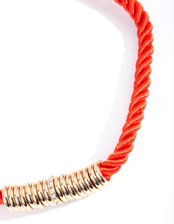 Gold Red Twist Rope Diamante Ring Necklace