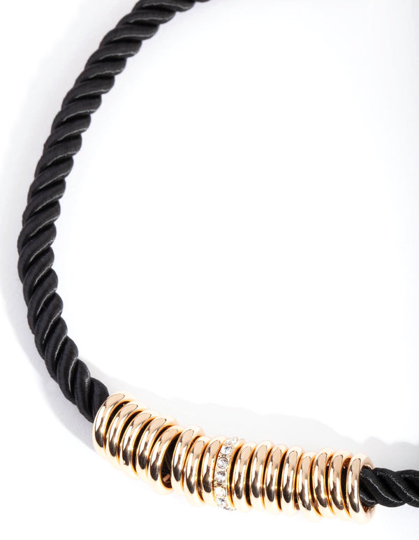 Gold Black Twist Rope Diamante Ring Necklace