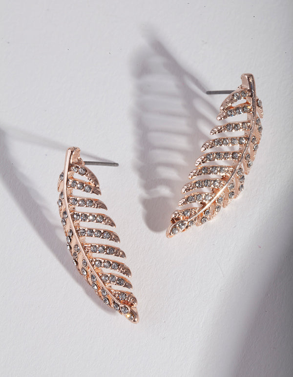 Rose Gold Small Diamante Leaf Stud Earrings