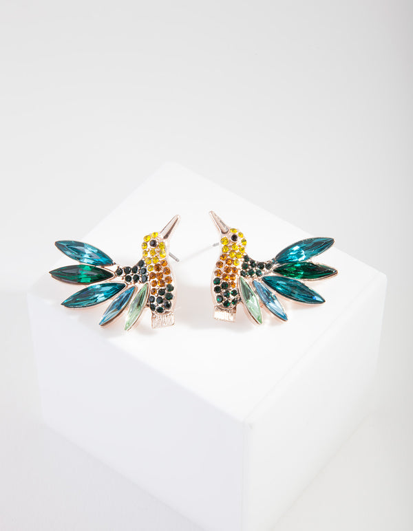 Green Diamante Gem Bird Earrings