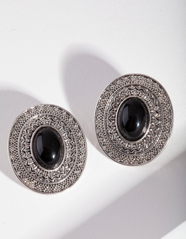 Silver Antique Black Circle Stud Earrings