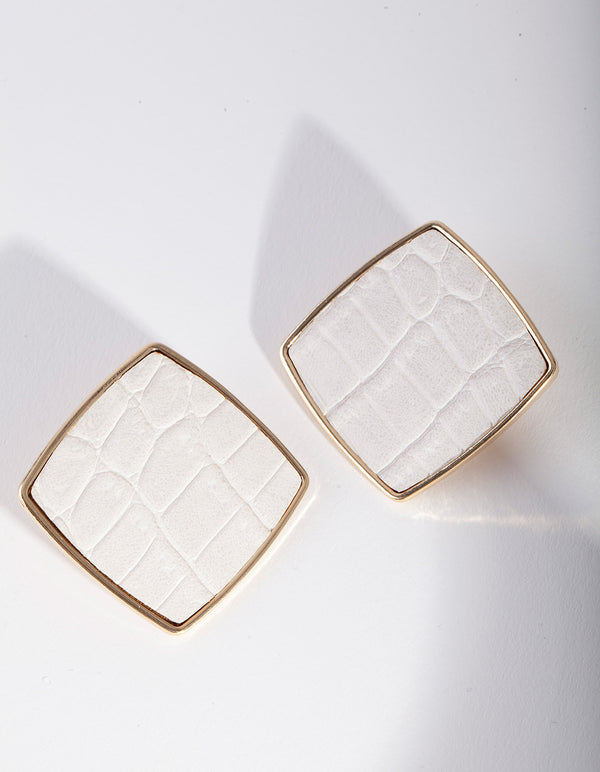 Gold White Crocodile Square Stud Earrings