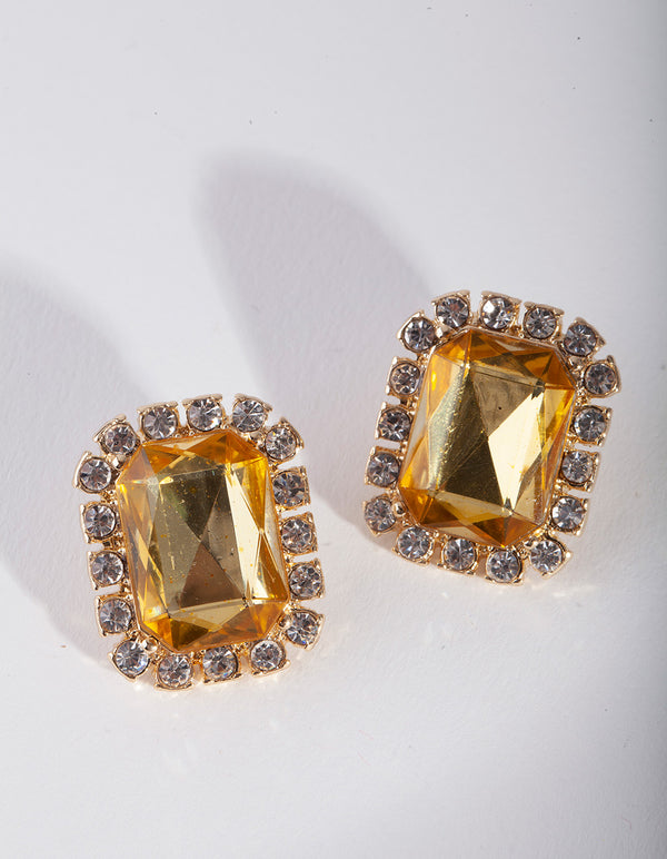 Shiny Gold Diamante Border Stone Earrings