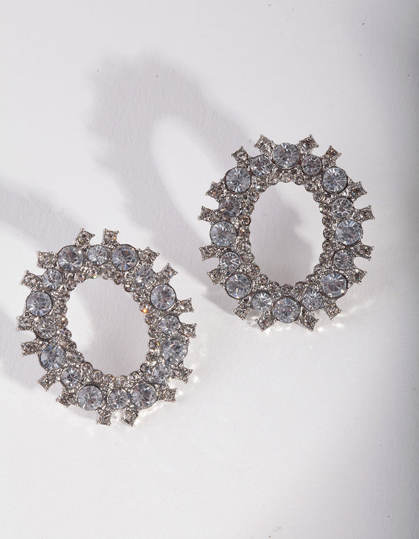 Silver Diamante Open Oval Stud Earrings