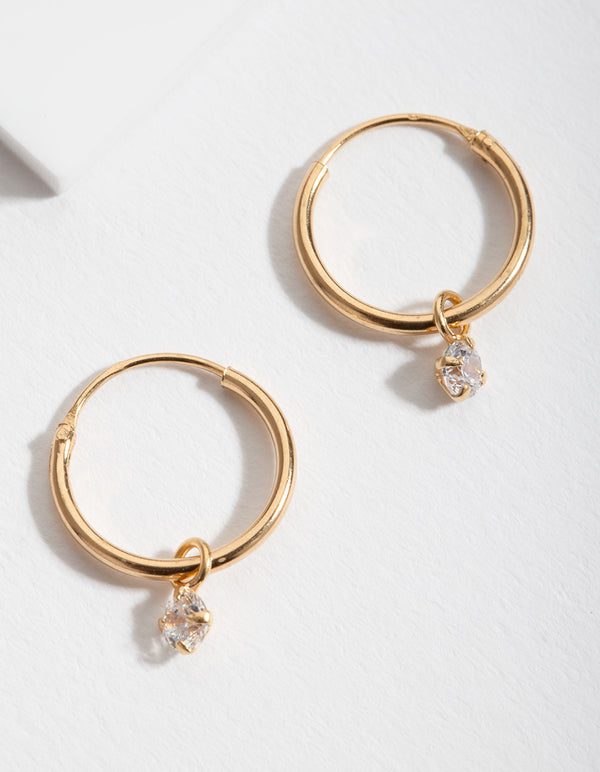 Gold Plated Sterling Silver Cubic Zirconia Dangle Hoop Earrings