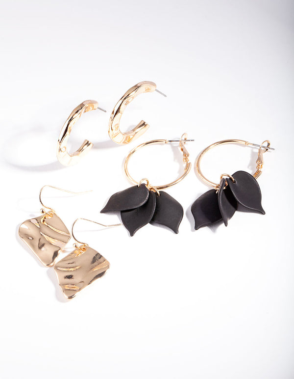 Gold Black Molten Flower Earring Pack