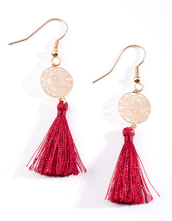 Red Filigree Tassel Earrings