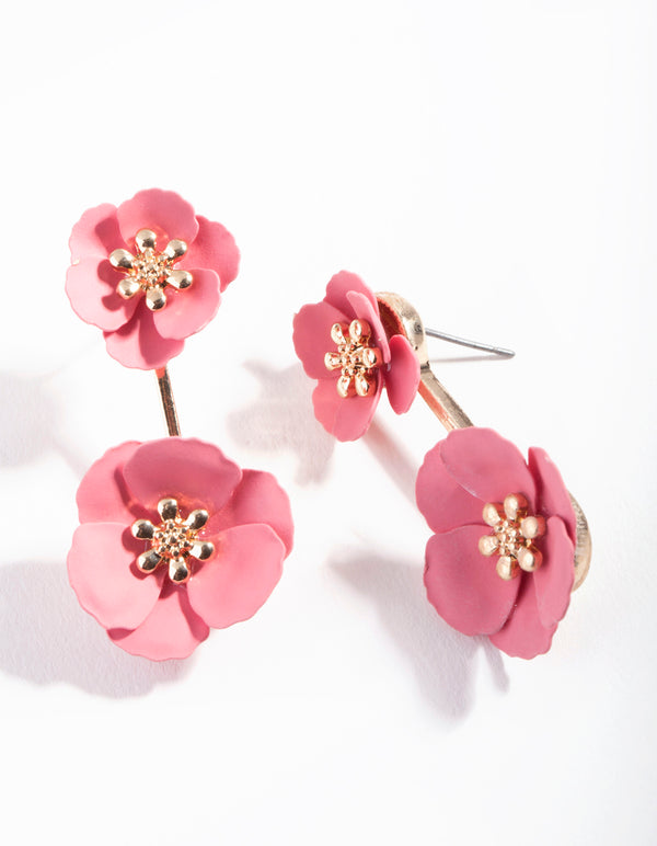 Red Double Metal Flower Earrings