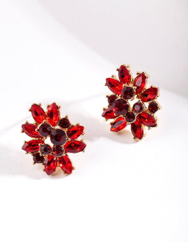 Gold Red Multi Diamante Earrings