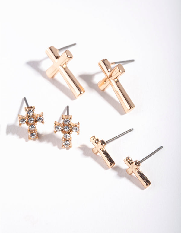 Gold Diamante Cross Earring Pack