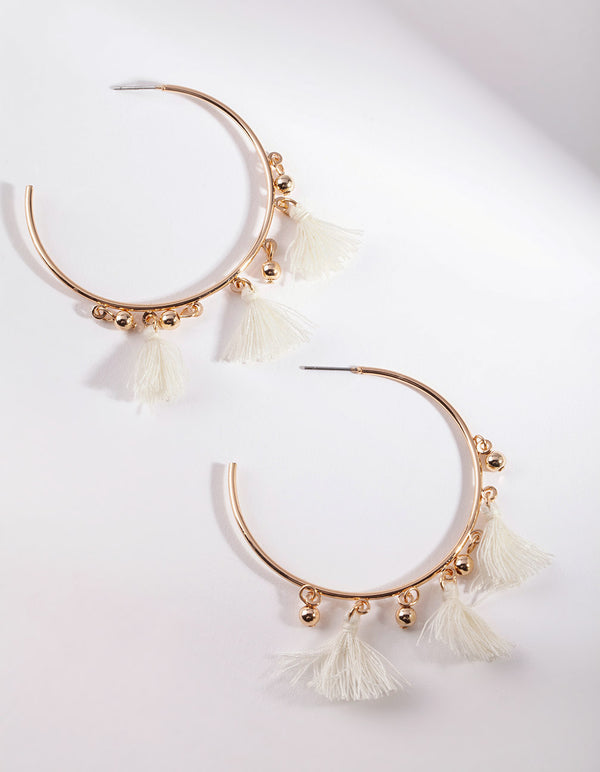 Gold Tassel Charm Hoop Earrings