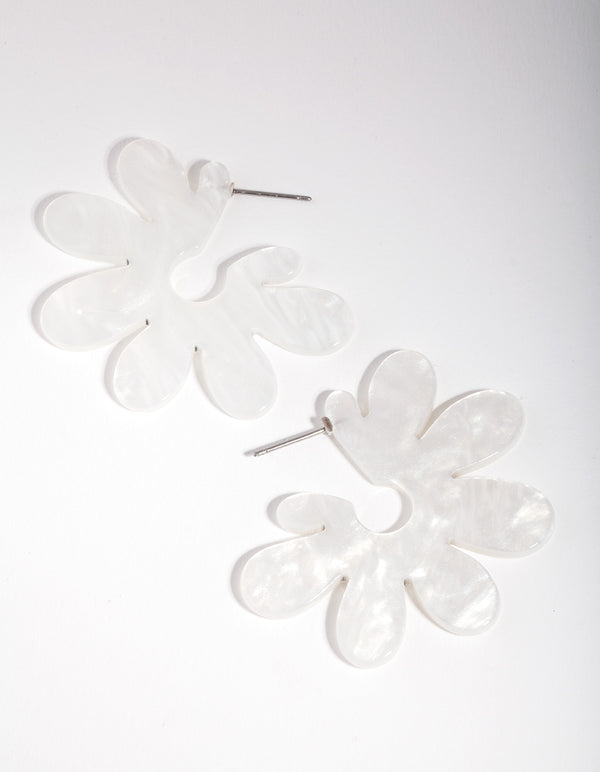 White Acrylic Flower Pearl Hoop Earrings