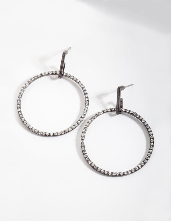 Thin Gunmetal Diamante Circle Earrings