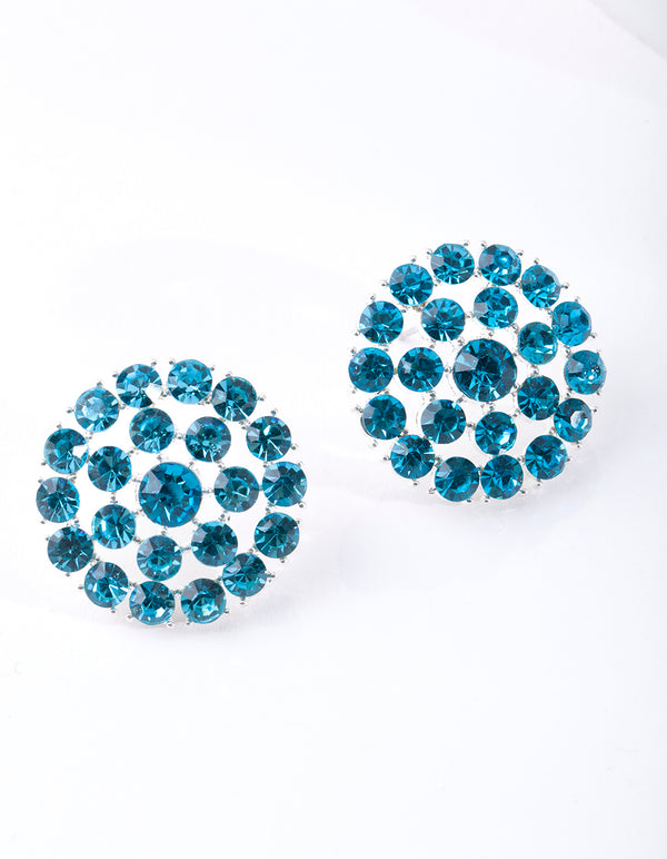 Blue Diamante Circle Stud Earrings