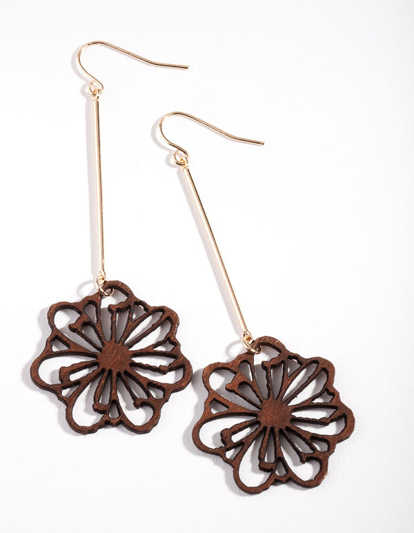 Brown Gold Flower Drop Earrings