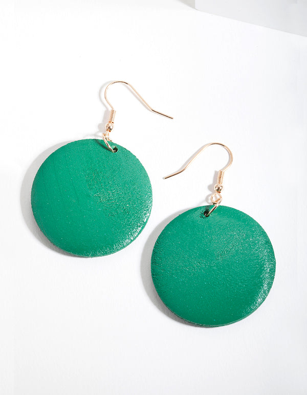 Green Wood Circle Drop Earrings