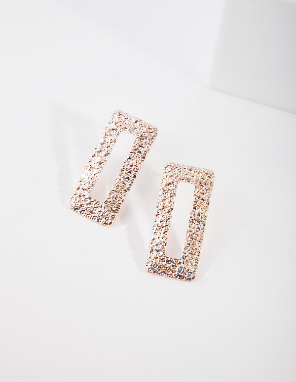 Rose Gold Crater Rectangle Stud Earrings